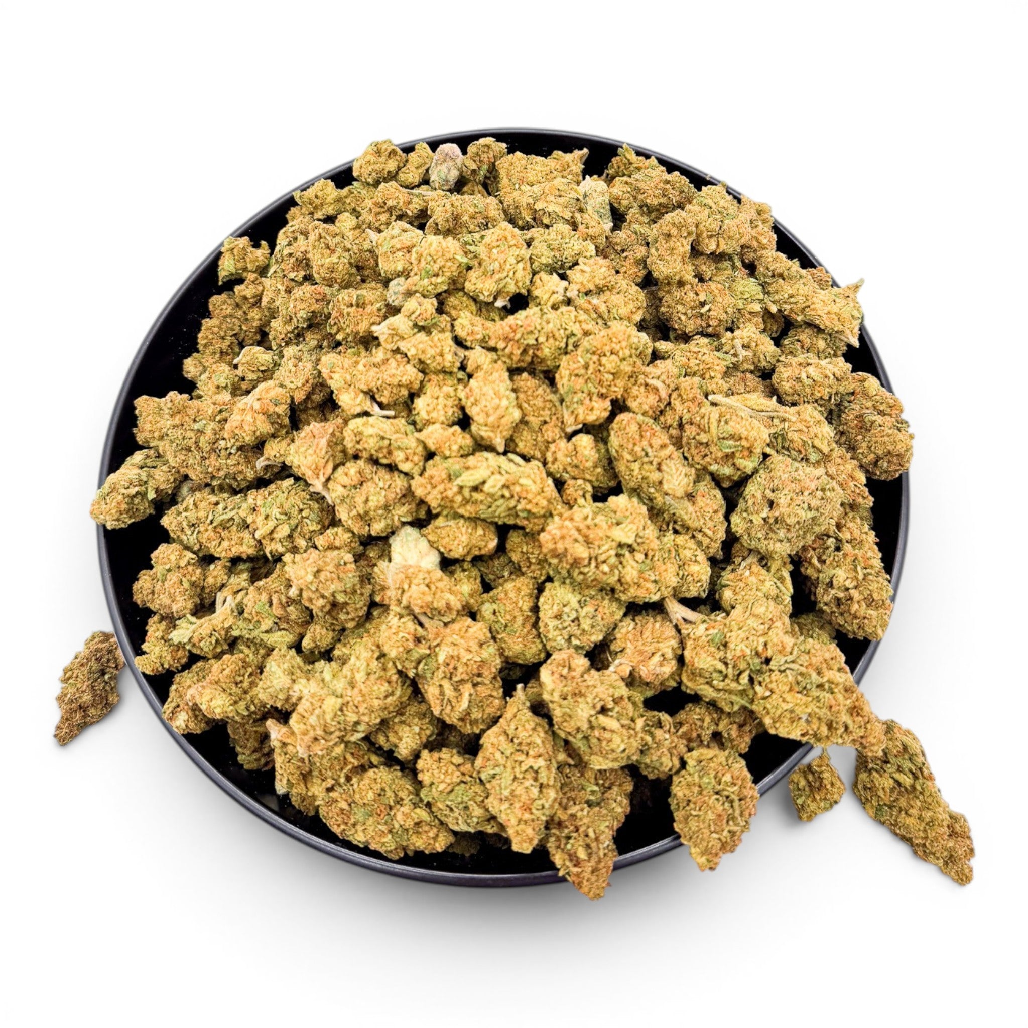 Dr. Wonderstone Jack Herer THCa flower buds in a black bowl, featuring bright green nugs with orange pistils.