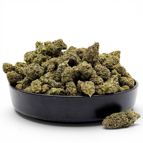 Dr. Wonderstone Jet Fuel Gelato premium THCa flower buds in a black bowl against a white background. Buy THCa Flower Online