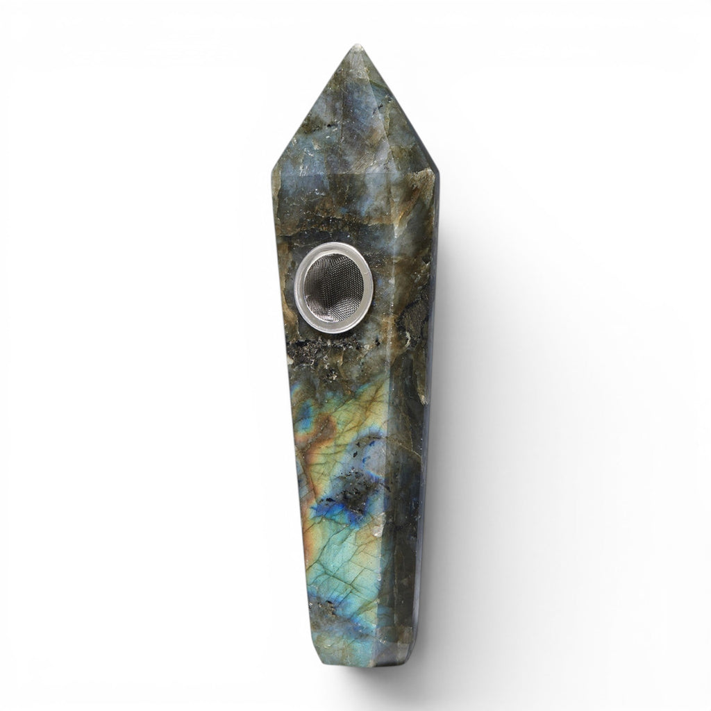 Dr. Wonderstone faceted labradorite gemstone hand pipe with a metal bowl screen on a white background.