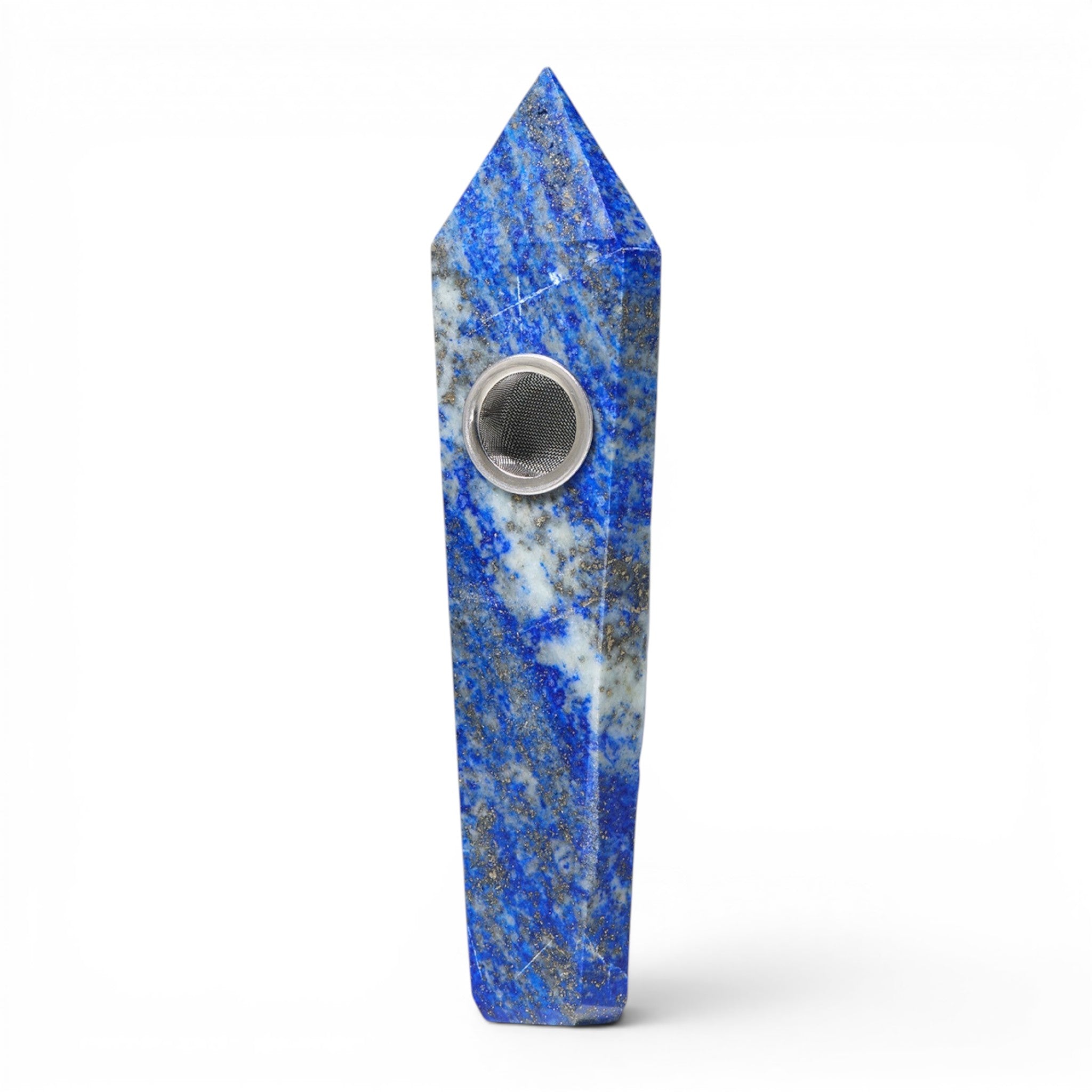 Dr. Wonderstone Astral Project lapis lazuli crystal hand pipe with faceted edges and a removable metal bowl screen.