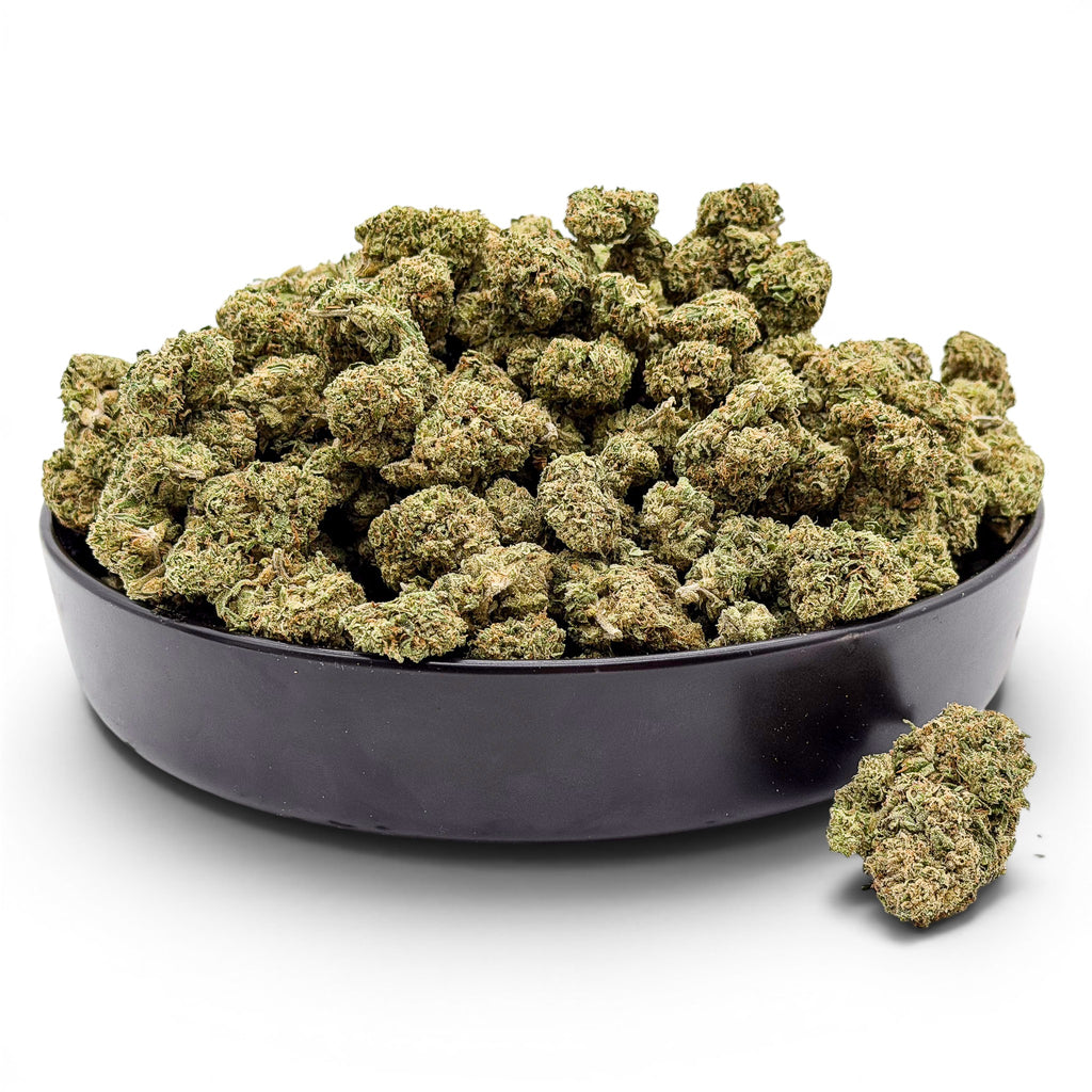 Dr. Wonderstone Lemon Cherry Gelato Bulk Wholesale Value Indoor THCa flower buds in a black bowl, featuring vibrant green tones and amber pistils.