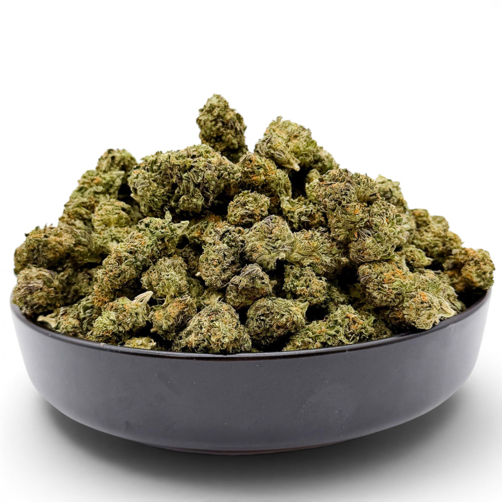 Dr. Wonderstone Lemon Fuel premium THCa flower buds piled high in a black bowl against a white background.