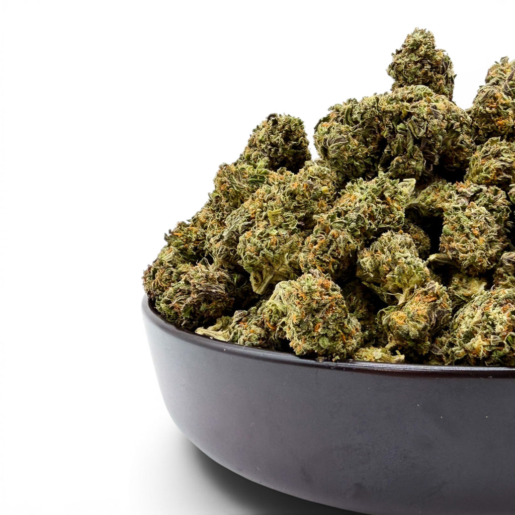 Dr. Wonderstone Lemon Fuel premium THCa flower buds in a black bowl against a white background.