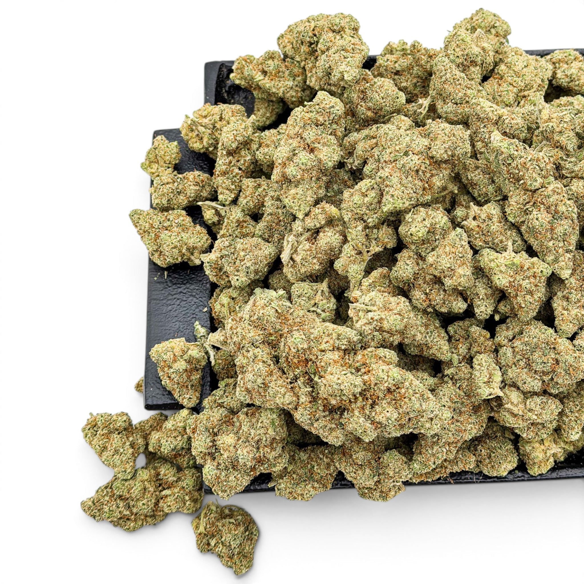 Dr. Wonderstone London Pound Cake THCa flower buds with frosty green texture and orange pistils on a black tray.