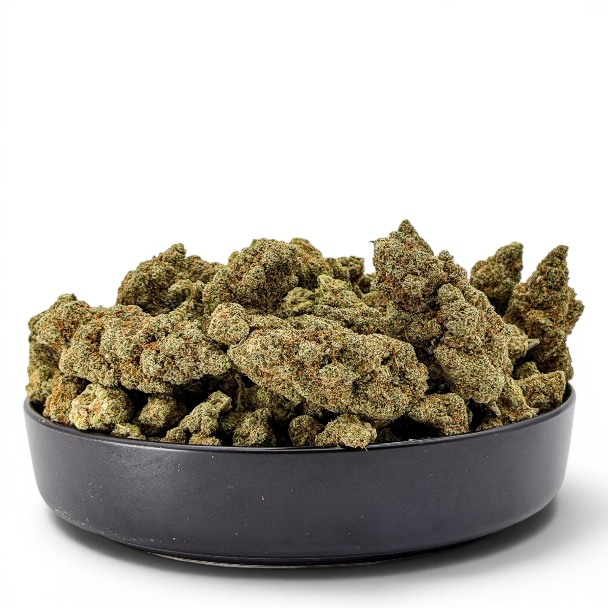 Dr. Wonderstone London Pound Cake THCa flower buds piled in a black bowl against a white background.