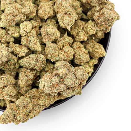 Dr. Wonderstone London Pound Cake THCa flower buds with frosty trichomes and orange pistils in a black bowl.