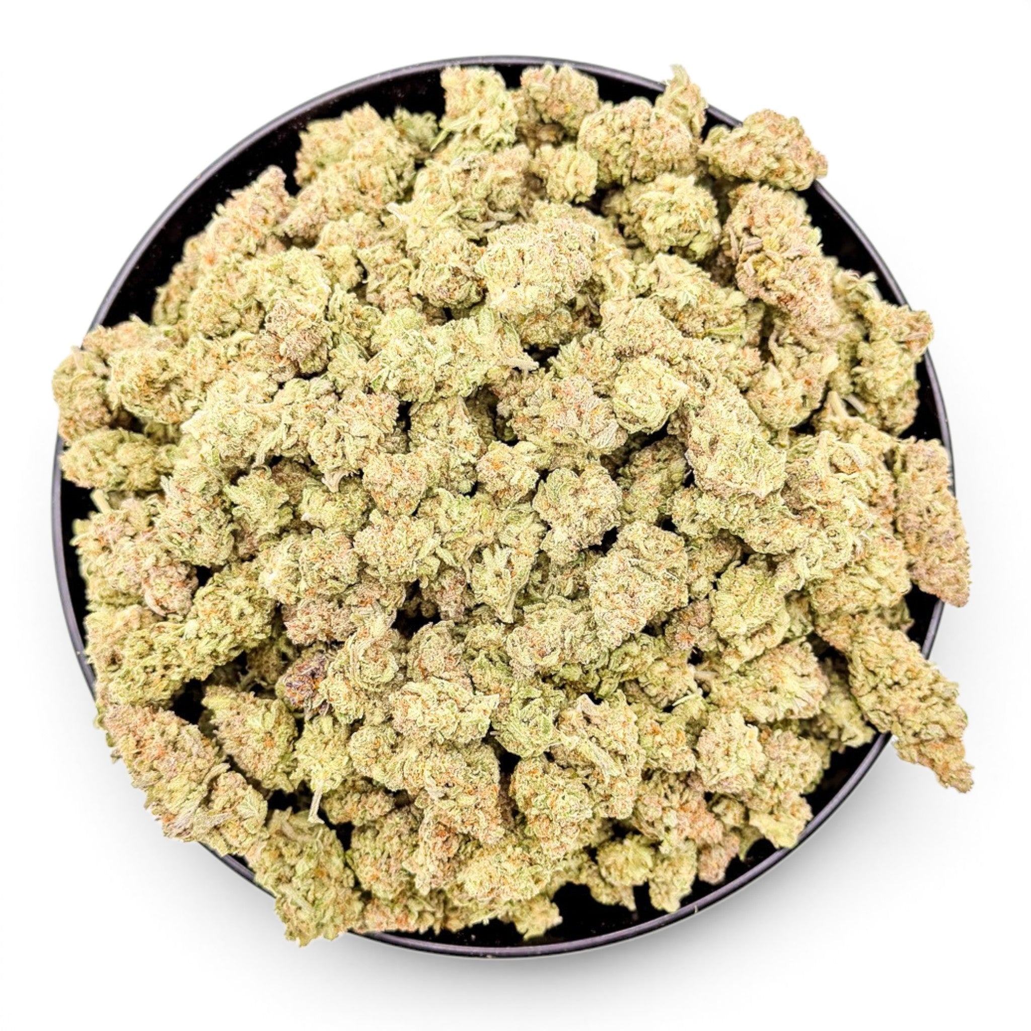 Dr. Wonderstone MAC-1 hybrid THCa flower in a black bowl, featuring frosty, resin-dense light green cannabis buds.