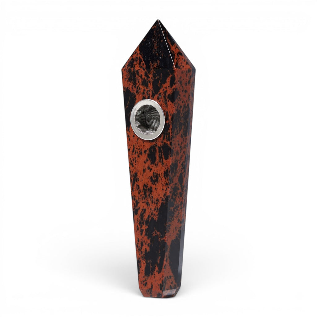 Dr. Wonderstone faceted mahogany obsidian crystal hand pipe with a metal bowl screen on a white background.