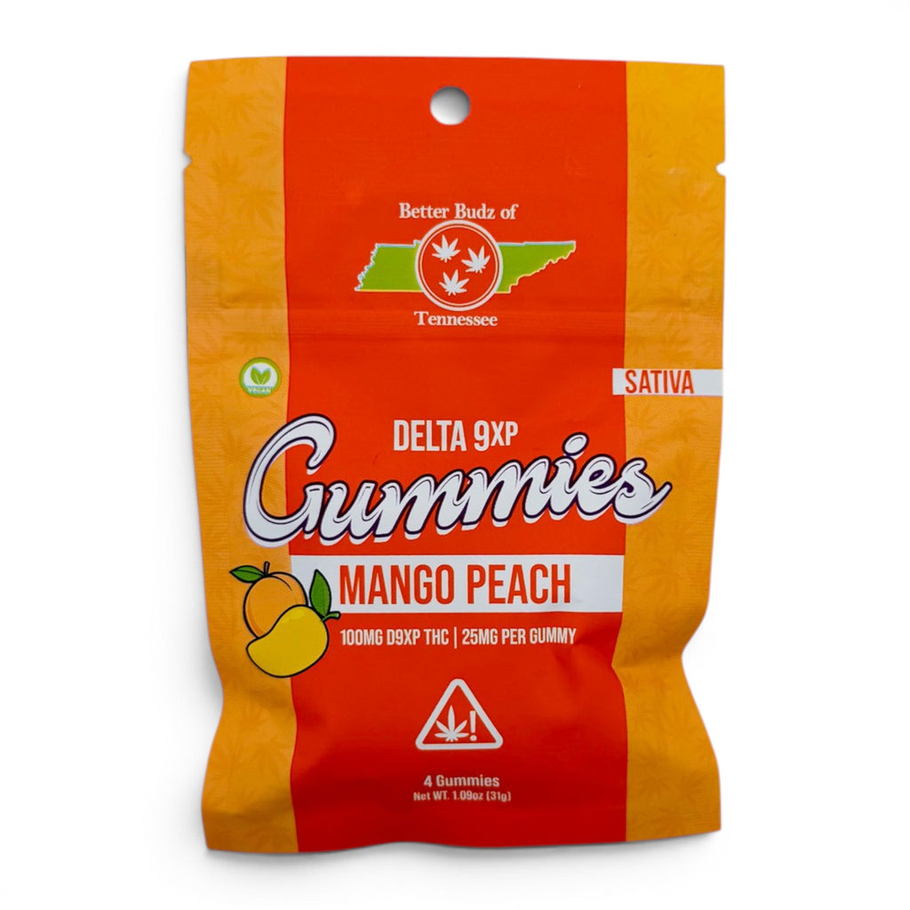 Dr. Wonderstone Better Budz Mango Peach Delta-9 THC gummies in a 4-pack pouch with 100mg hemp-derived cannabinoids.