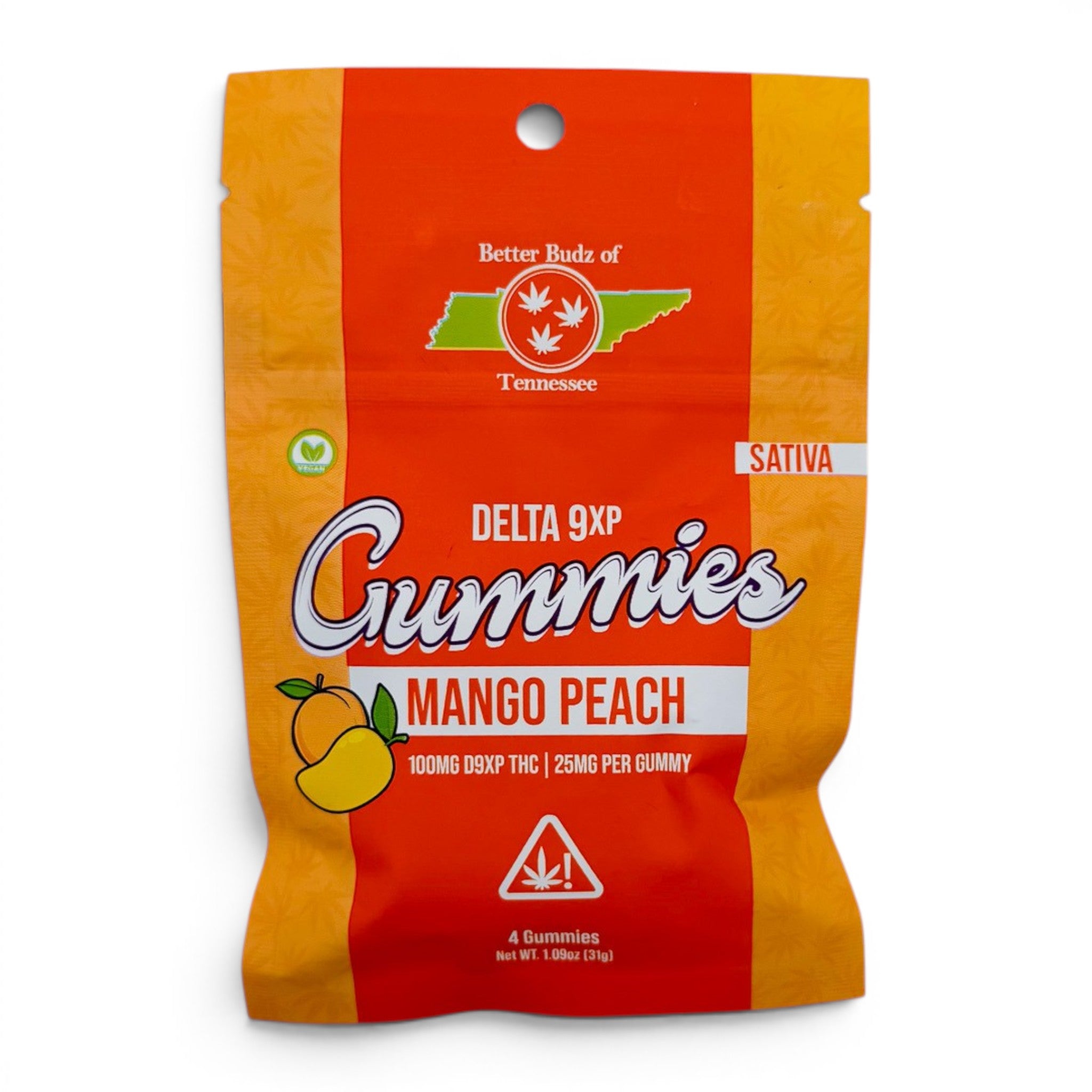 Dr. Wonderstone Better Budz Mango Peach Delta-9 THC gummies in a 4-pack pouch with 100mg hemp-derived cannabinoids.