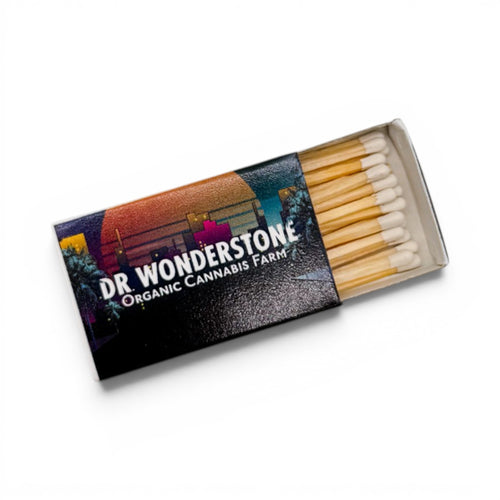 Dr. Wonderstone match box containing 30 wooden strike-on-box matches with white tips