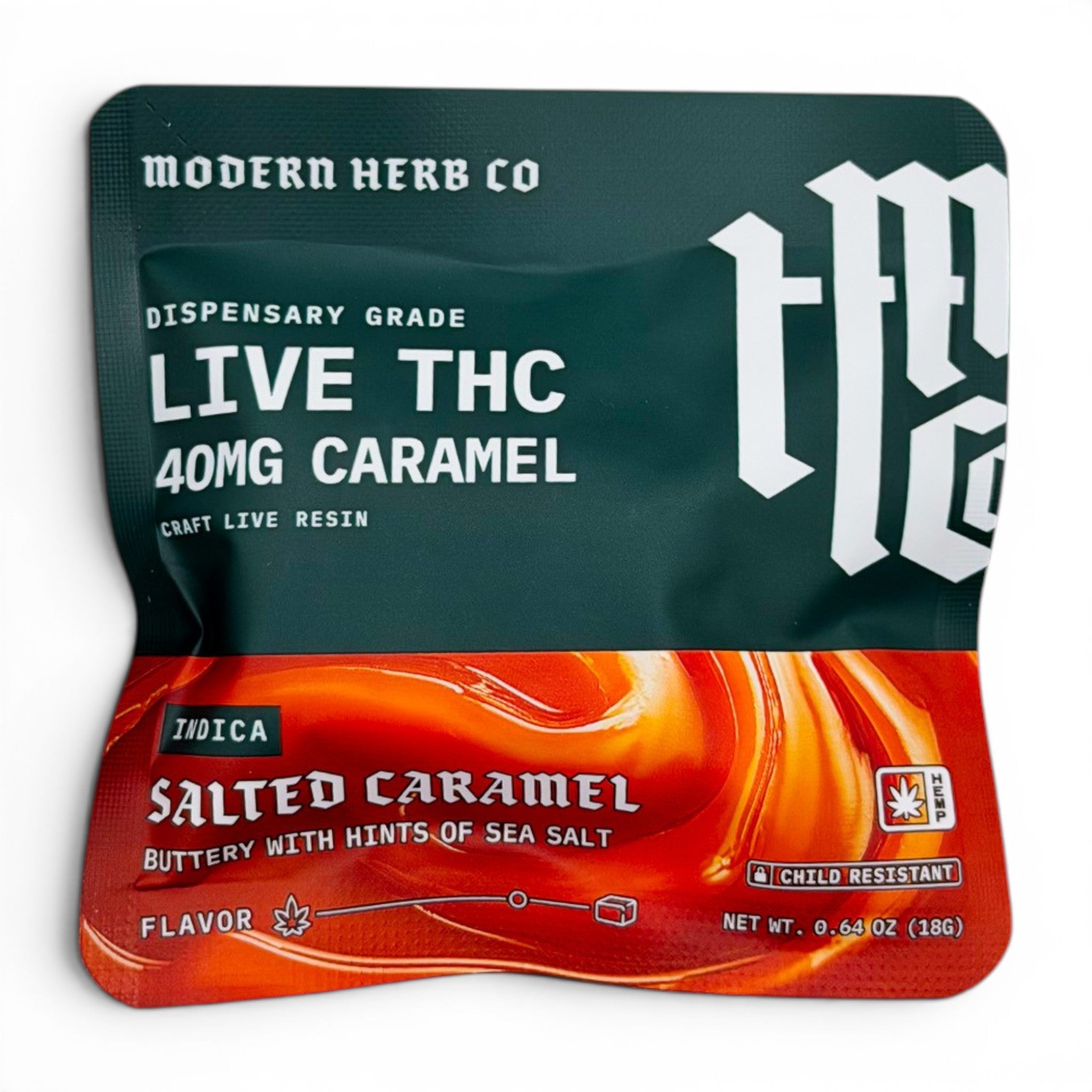 Dr. Wonderstone Modern Herb Co. 40mg live resin salted caramel THC edible in a dark green and orange pouch.