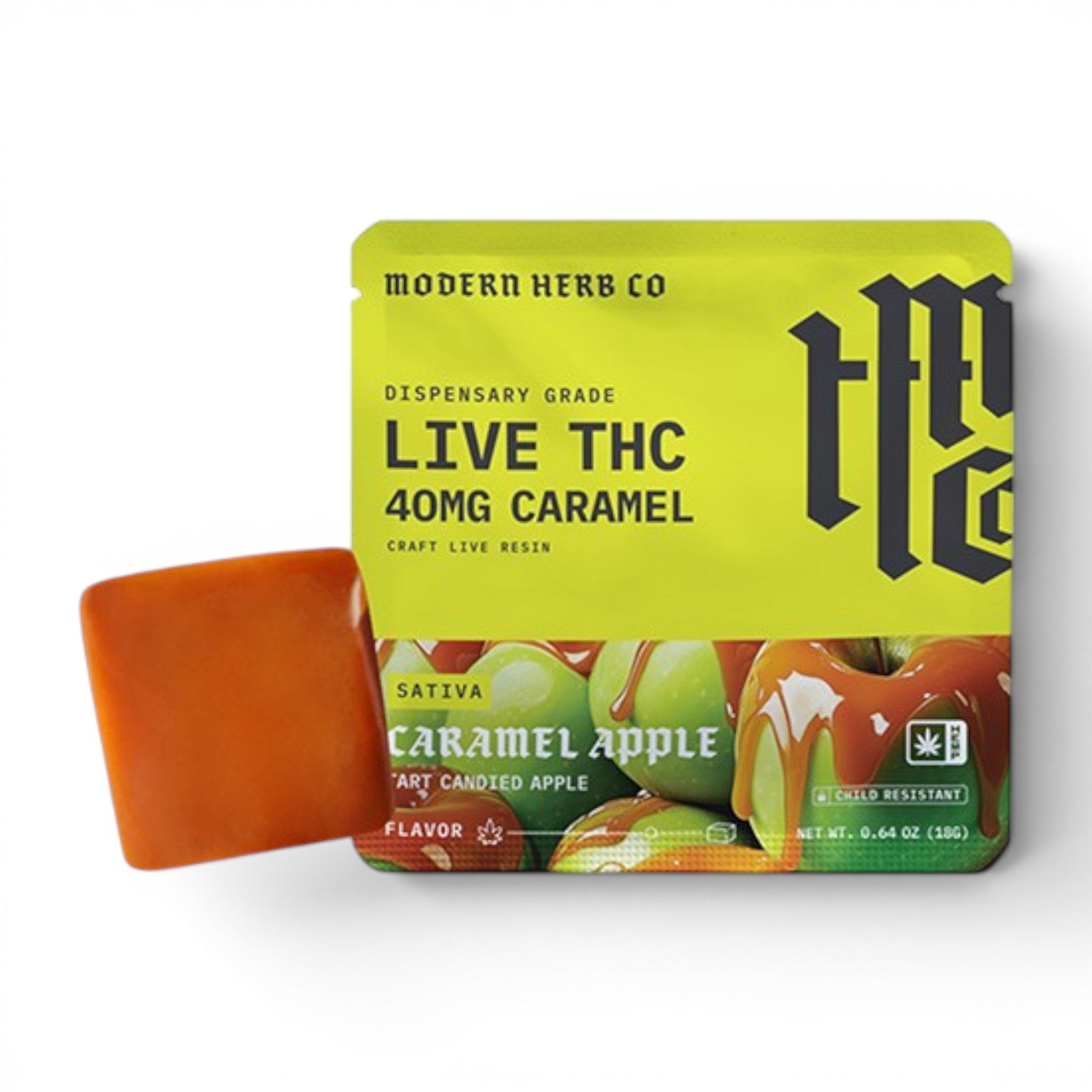 Dr. Wonderstone Modern Herb Co. caramel apple live resin THC edible in a bright green child-resistant pouch.