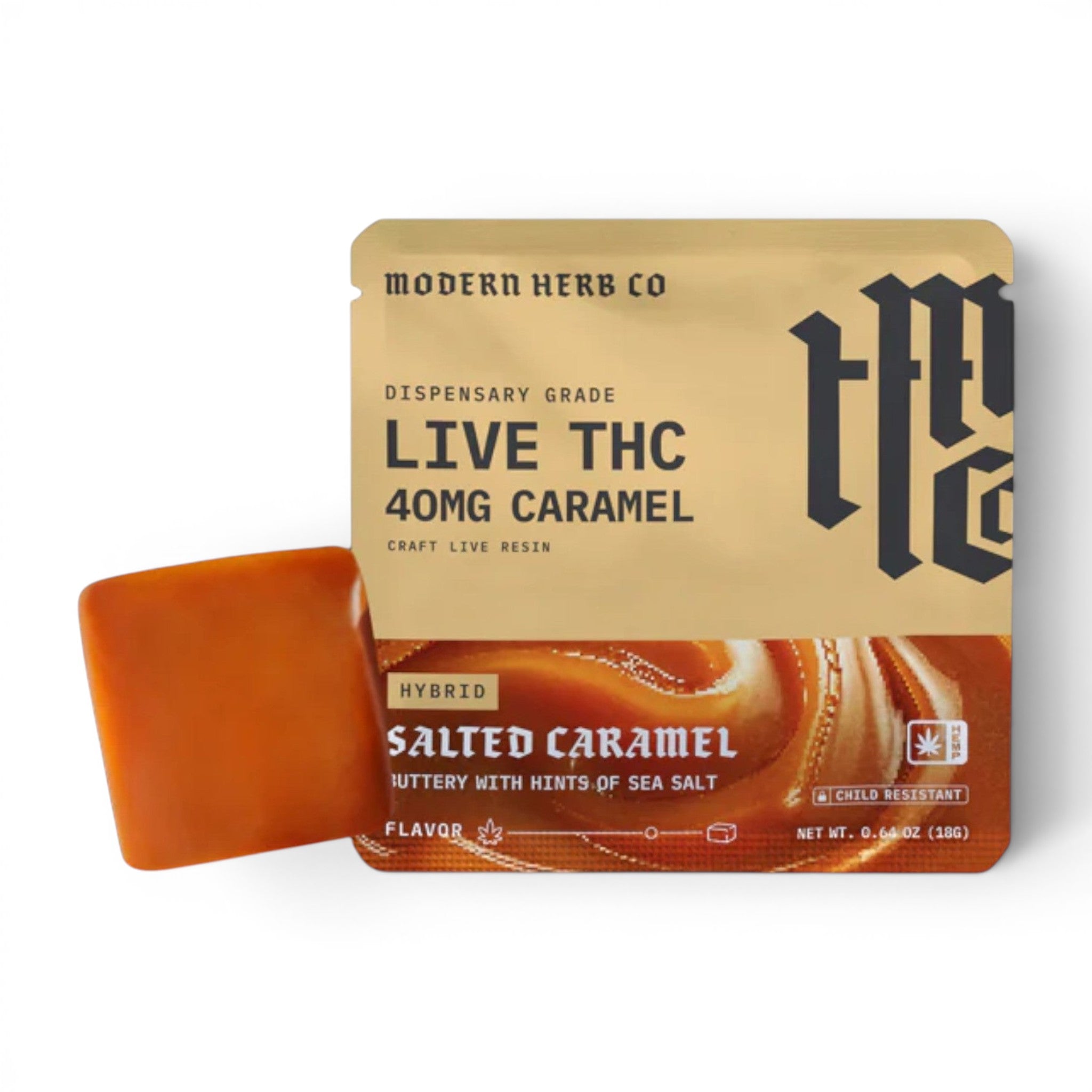 Dr. Wonderstone Modern Herb Co. salted caramel THC edible with live resin in gold packaging