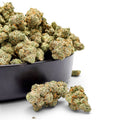 Dr. Wonderstone Modified Grapes hybrid THCa flower buds with purple hues and orange pistils in a black bowl.