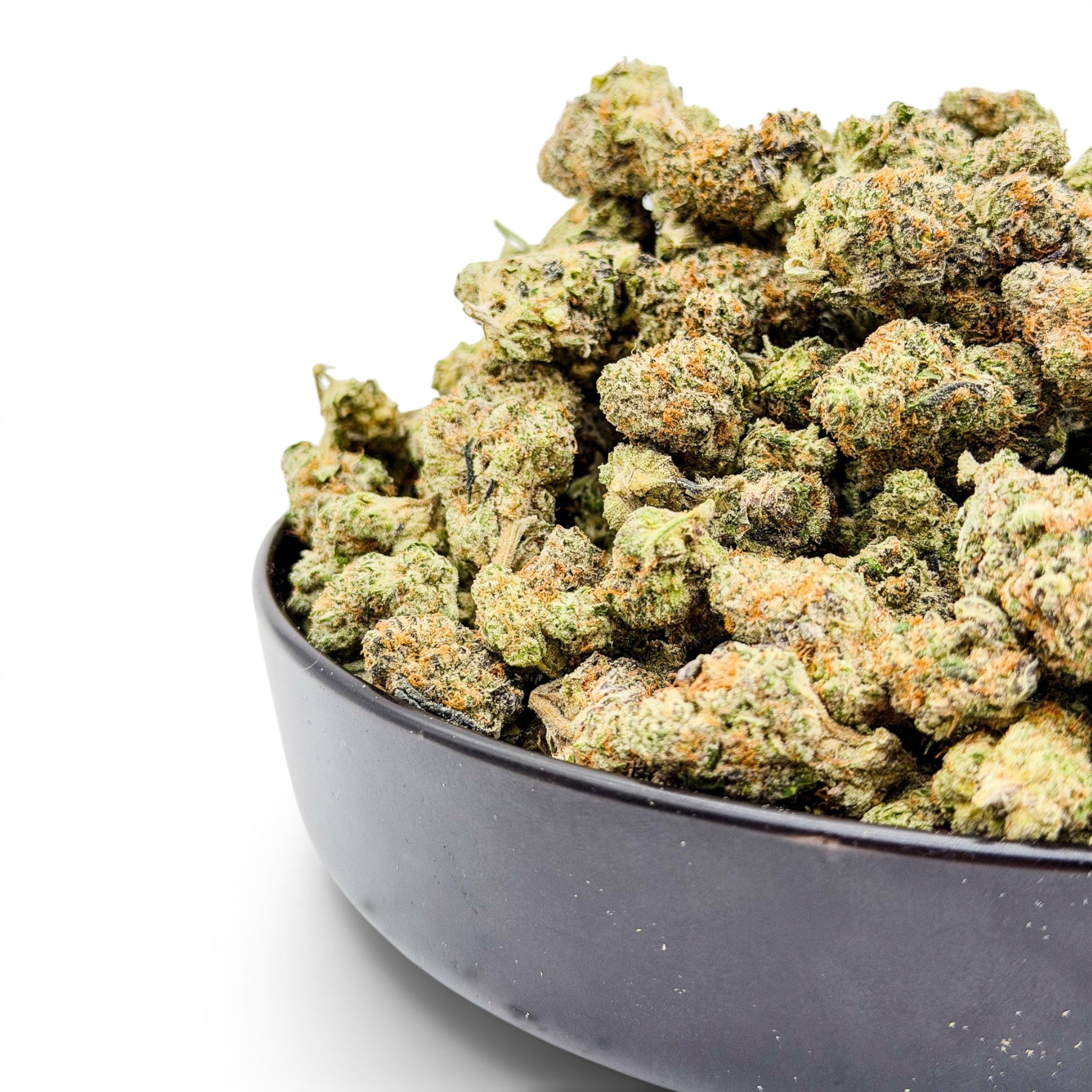 Dr. Wonderstone Northern Lights Exotic THCa flower buds with green and orange trichomes in a black bowl.