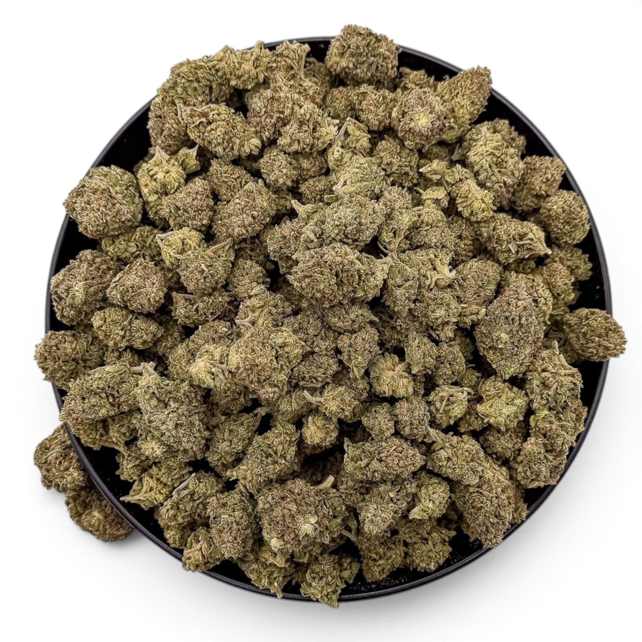 Dr. Wonderstone Oreoz THCa flower featuring dense, trichome-rich indica buds in a black bowl on a white background.