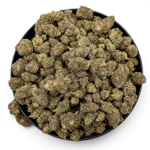 Dr. Wonderstone Oreoz THCa flower featuring dense, trichome-rich indica buds in a black bowl on a white background.