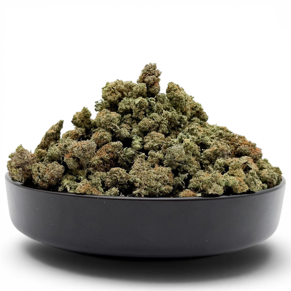 Dr. Wonderstone Pancakes premium THCa flower buds piled in a black bowl against a white background.