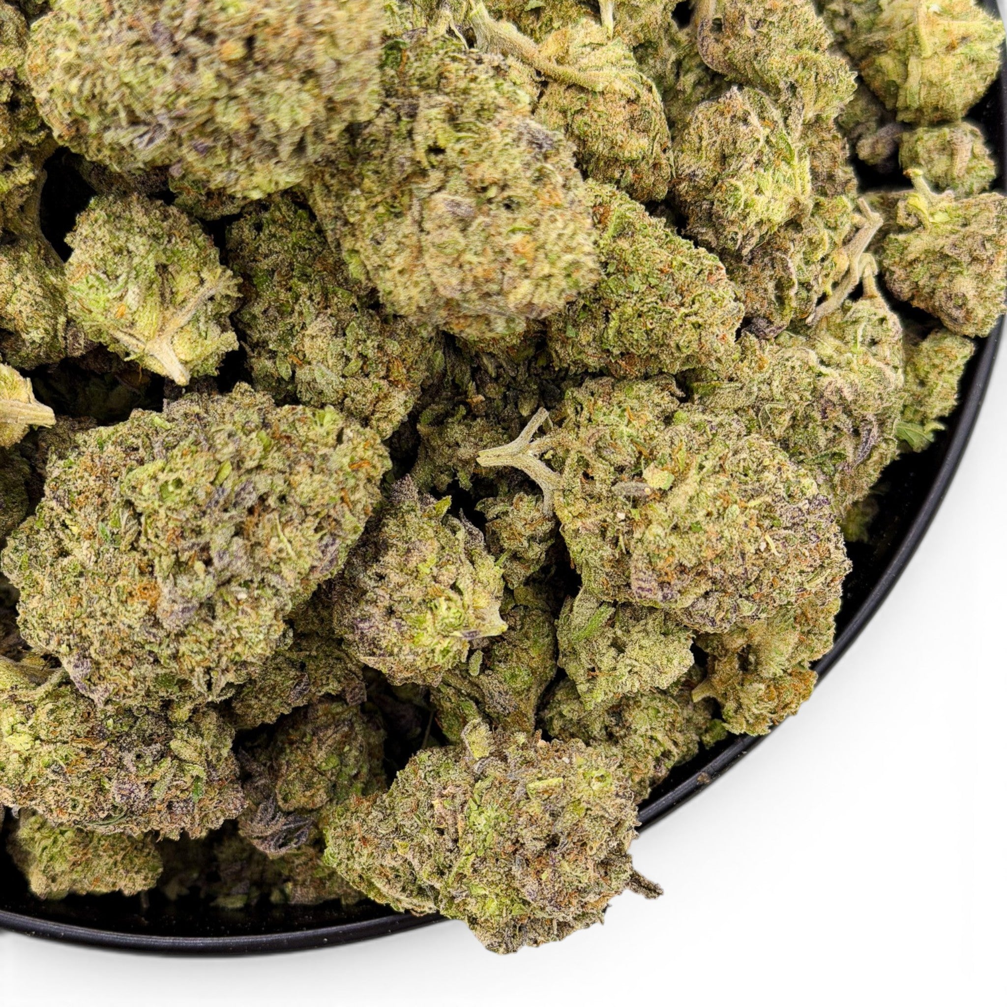 Dr. Wonderstone Pink Kush THCa flower buds with dense green structure, orange pistils, and heavy trichome coverage.