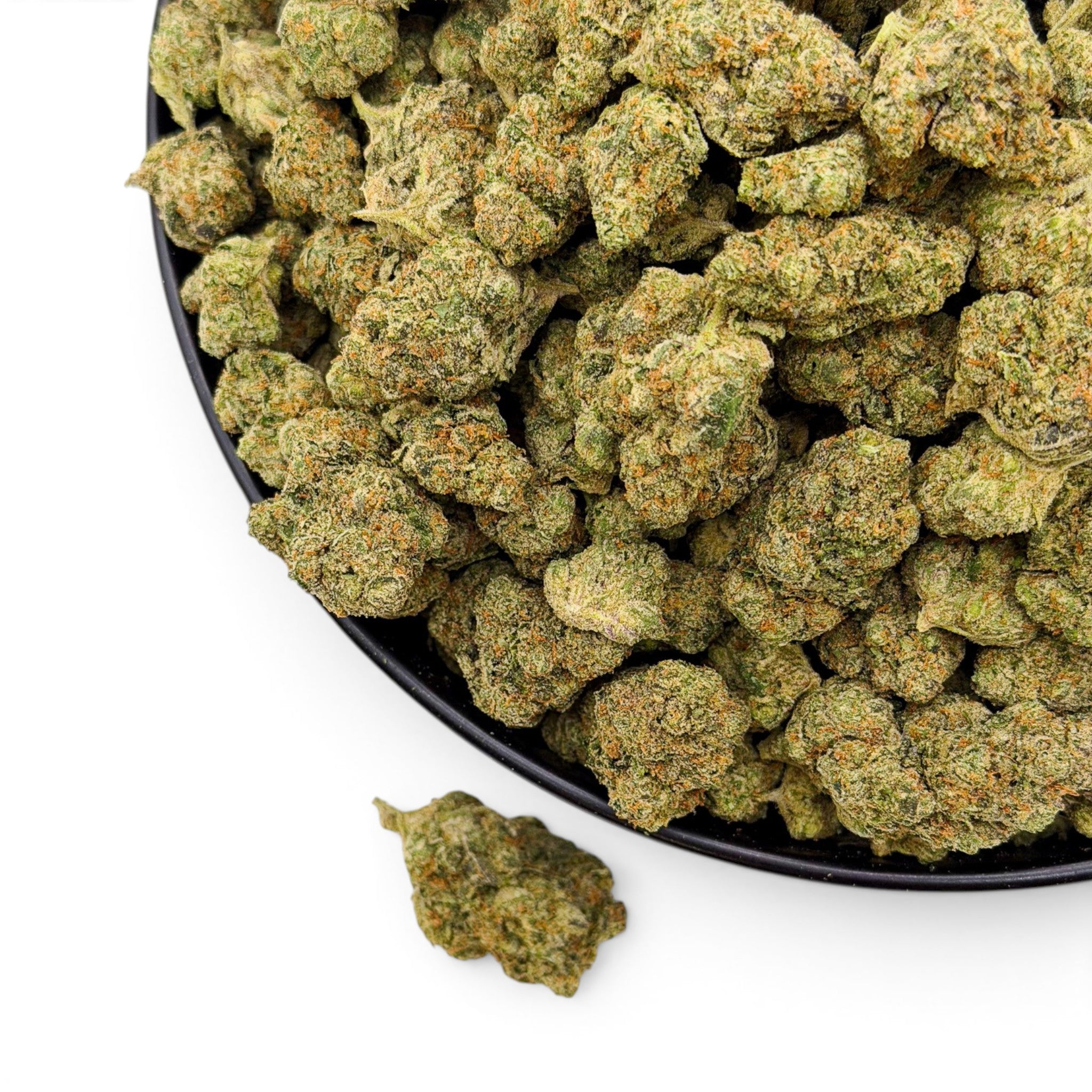 Dr. Wonderstone Purple Rhino exotic THCa flower buds in a black bowl on a white background