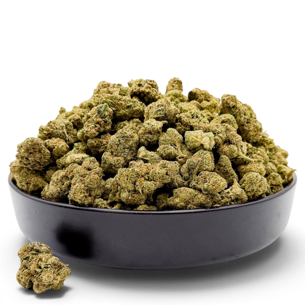 Dr. Wonderstone Purple Rhino exotic THCa flower buds piled in a black bowl against a white background.