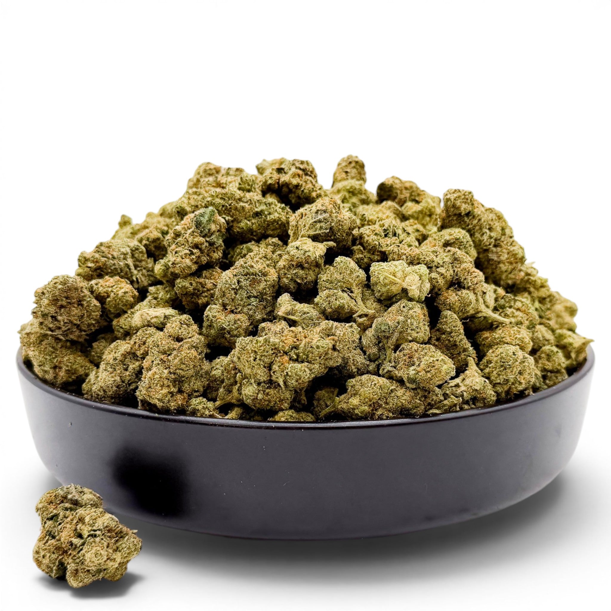 Dr. Wonderstone Purple Rhino exotic THCa flower buds piled in a black bowl against a white background.