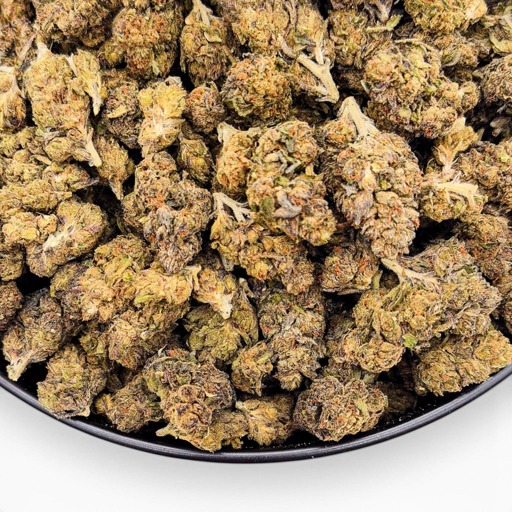 Dr. Wonderstone Runtz premium THCa flower buds featuring dense green and purple foliage with orange pistils.