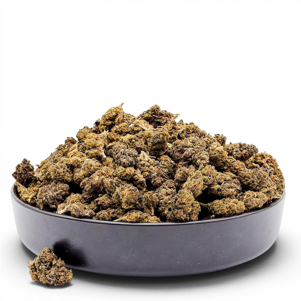 Dr. Wonderstone Runtz premium THCa flower buds piled in a dark ceramic bowl against a white background.