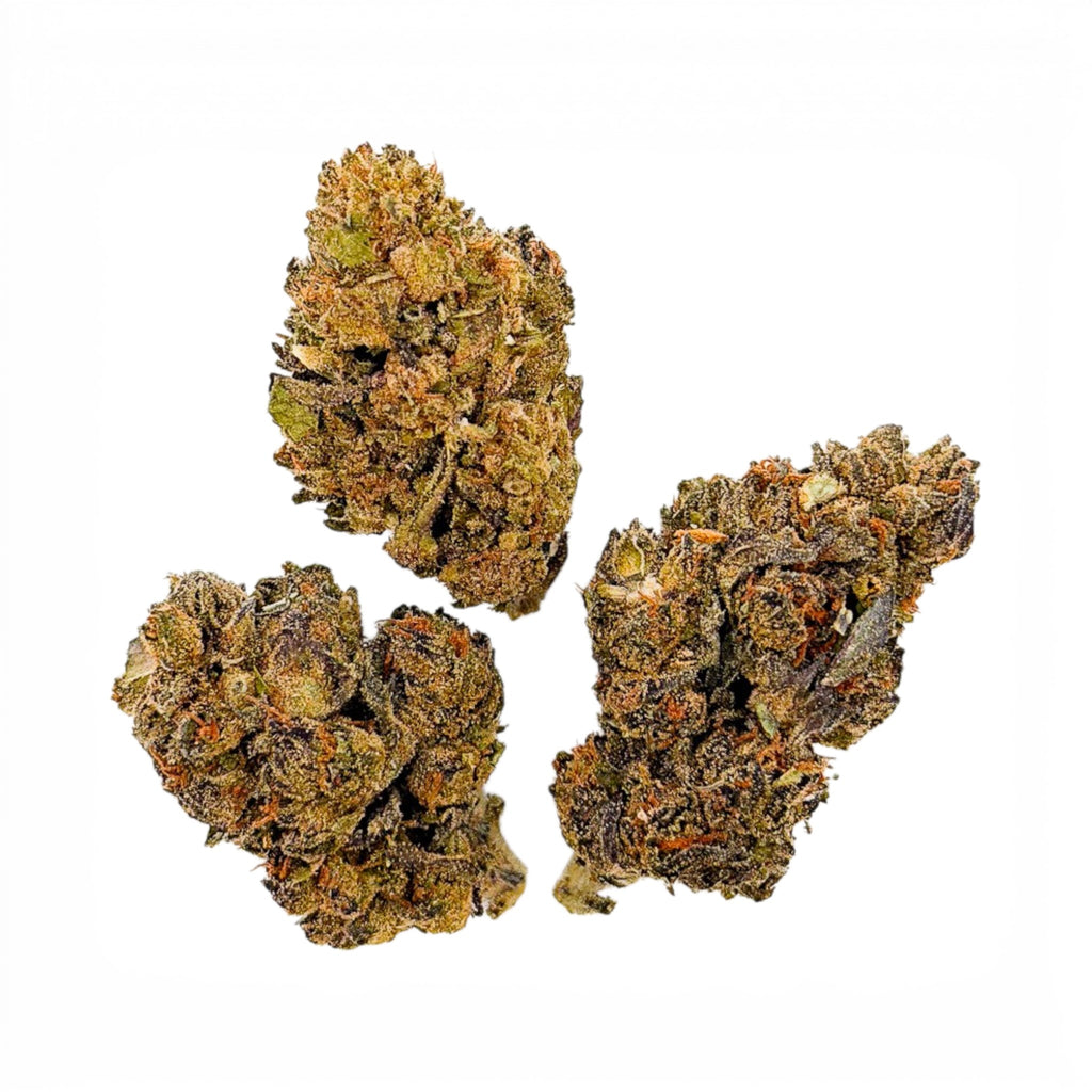 Dr. Wonderstone Runtz value THCa flower buds with deep green and purple hues on a clean white background