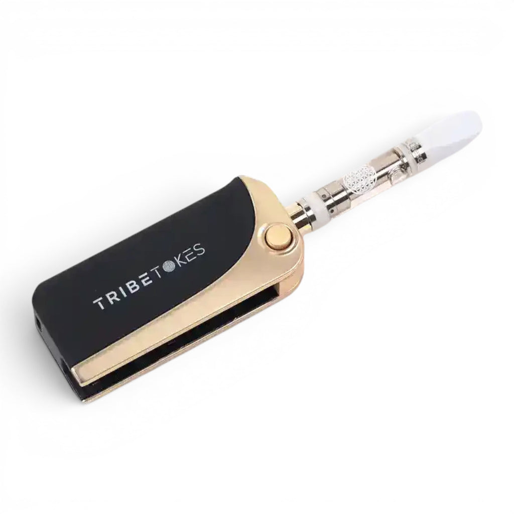 Dr. Wonderstone TribeTokes Saber black and gold car key style 510 vape battery with pop-out cartridge mechanism