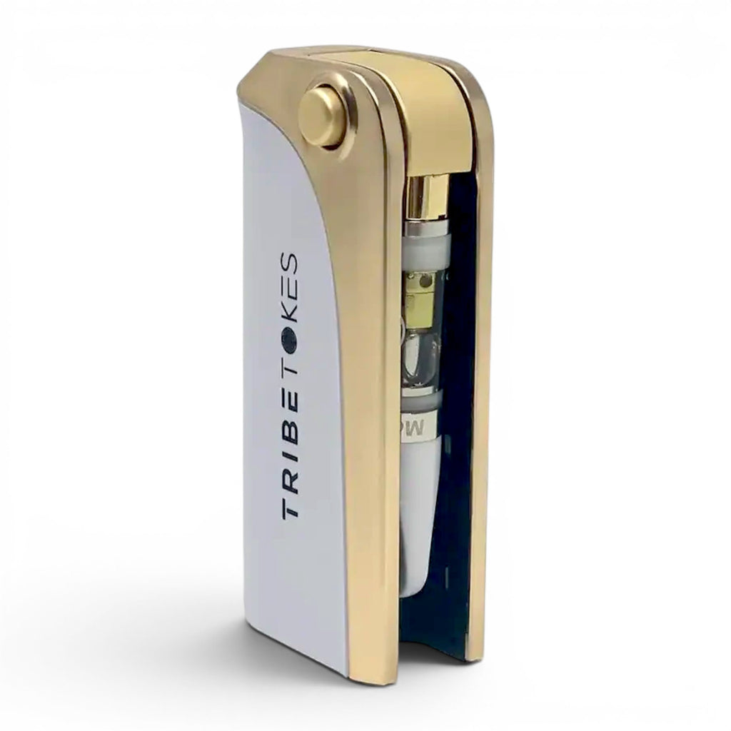Dr. Wonderstone TribeTokes Saber gold and white pop-out vape battery with 510-thread cartridge slot