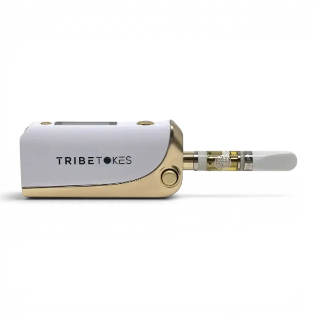 Dr. Wonderstone TribeTokes Saber white and gold 510 vape battery with pop-out cartridge mechanism and OLED screen
