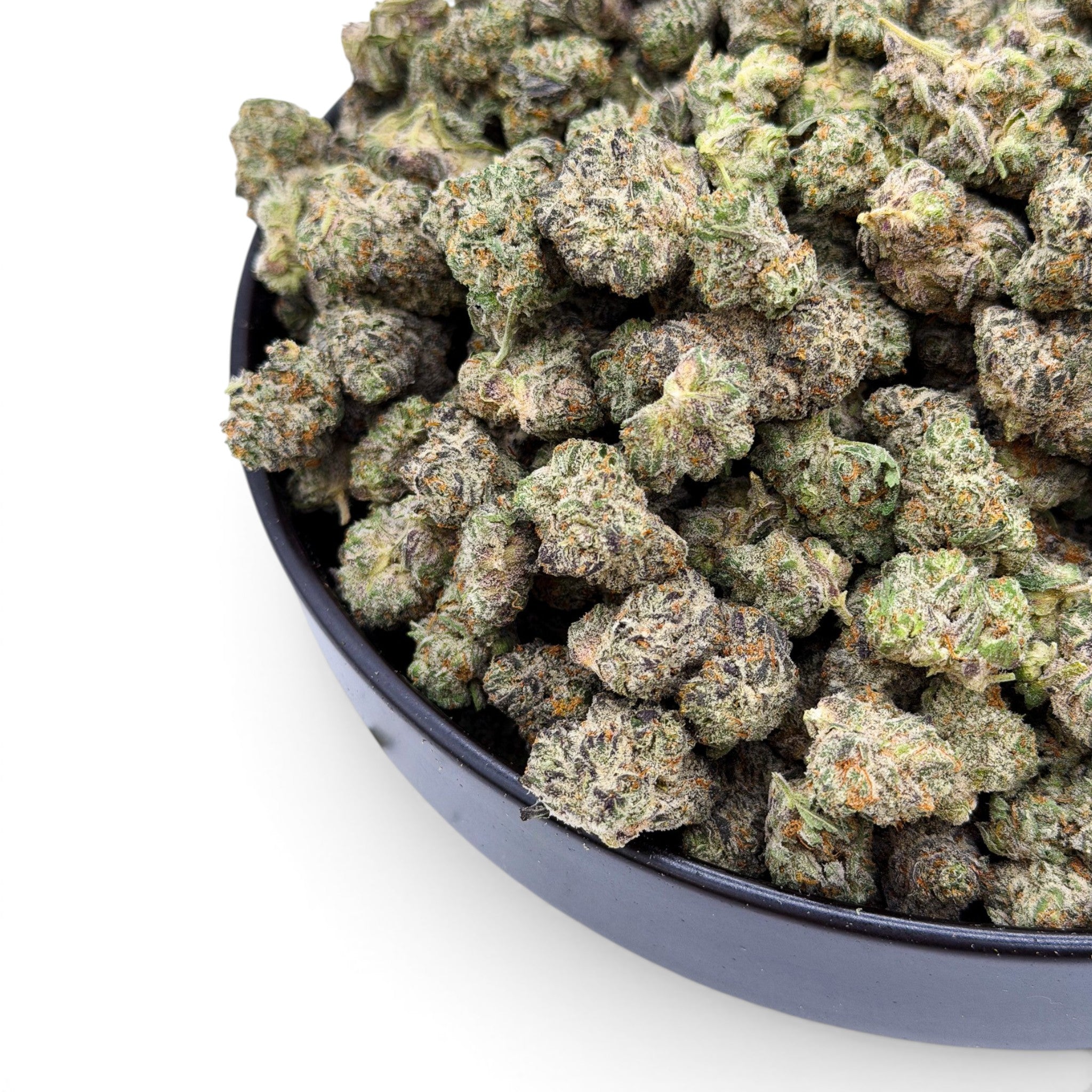 Dr. Wonderstone Secret Cookies THCa flower buds with frosty trichomes, deep green and purple hues, and orange pistils.