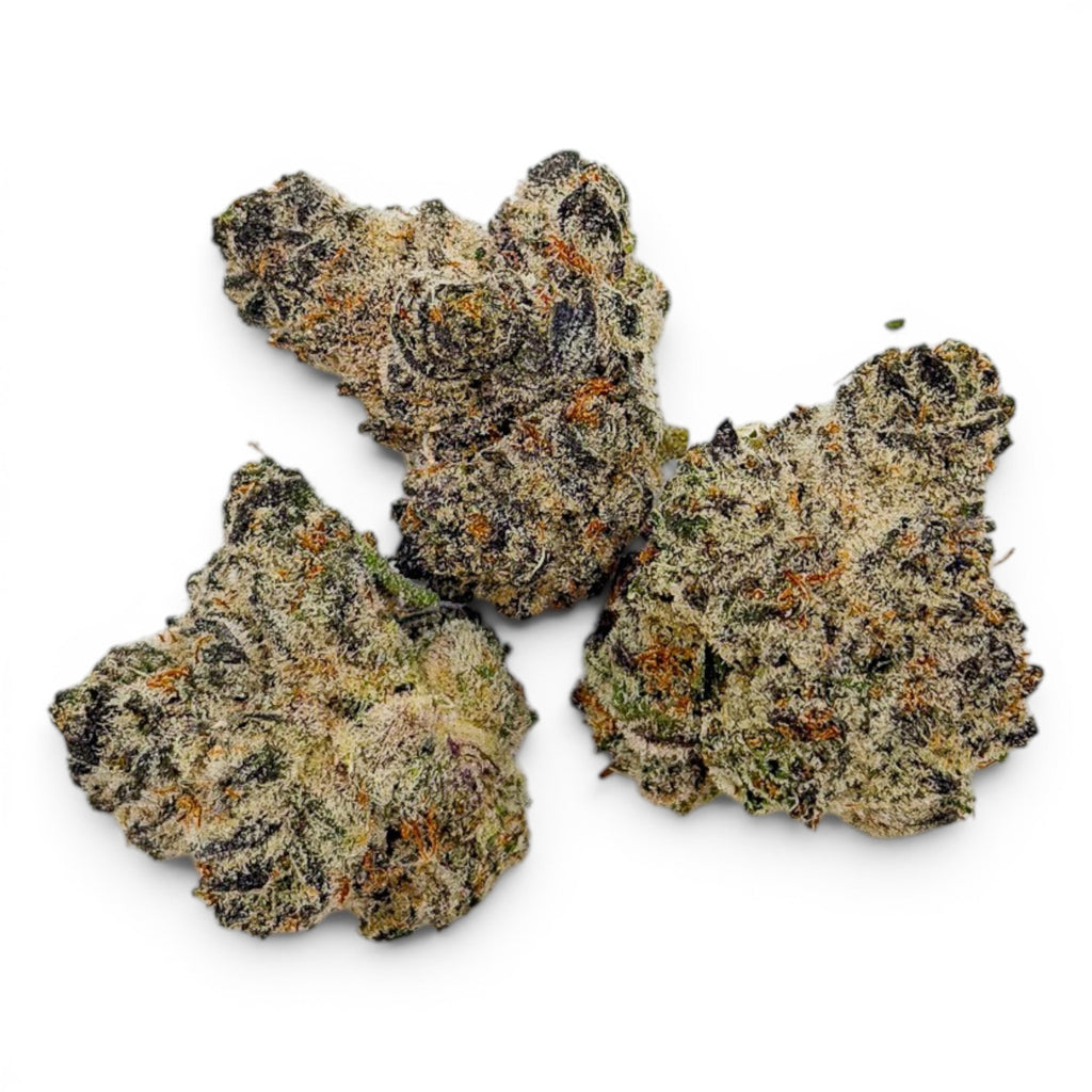 Dr. Wonderstone Secret Cookies THCa flower buds with dense green and purple trichome-covered texture on white background