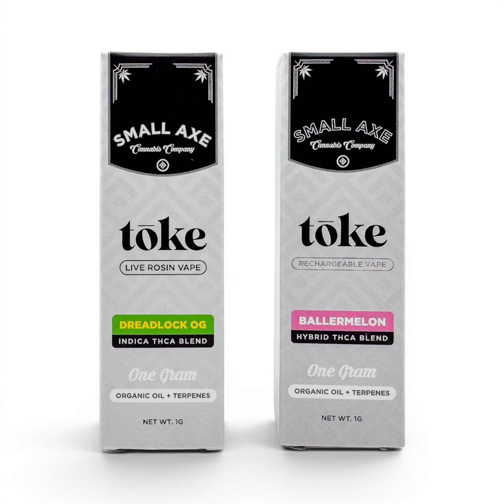 Dr. Wonderstone Small Axe Toke live rosin THCa disposable vape boxes in Dreadlock OG and Ballermelon flavors.