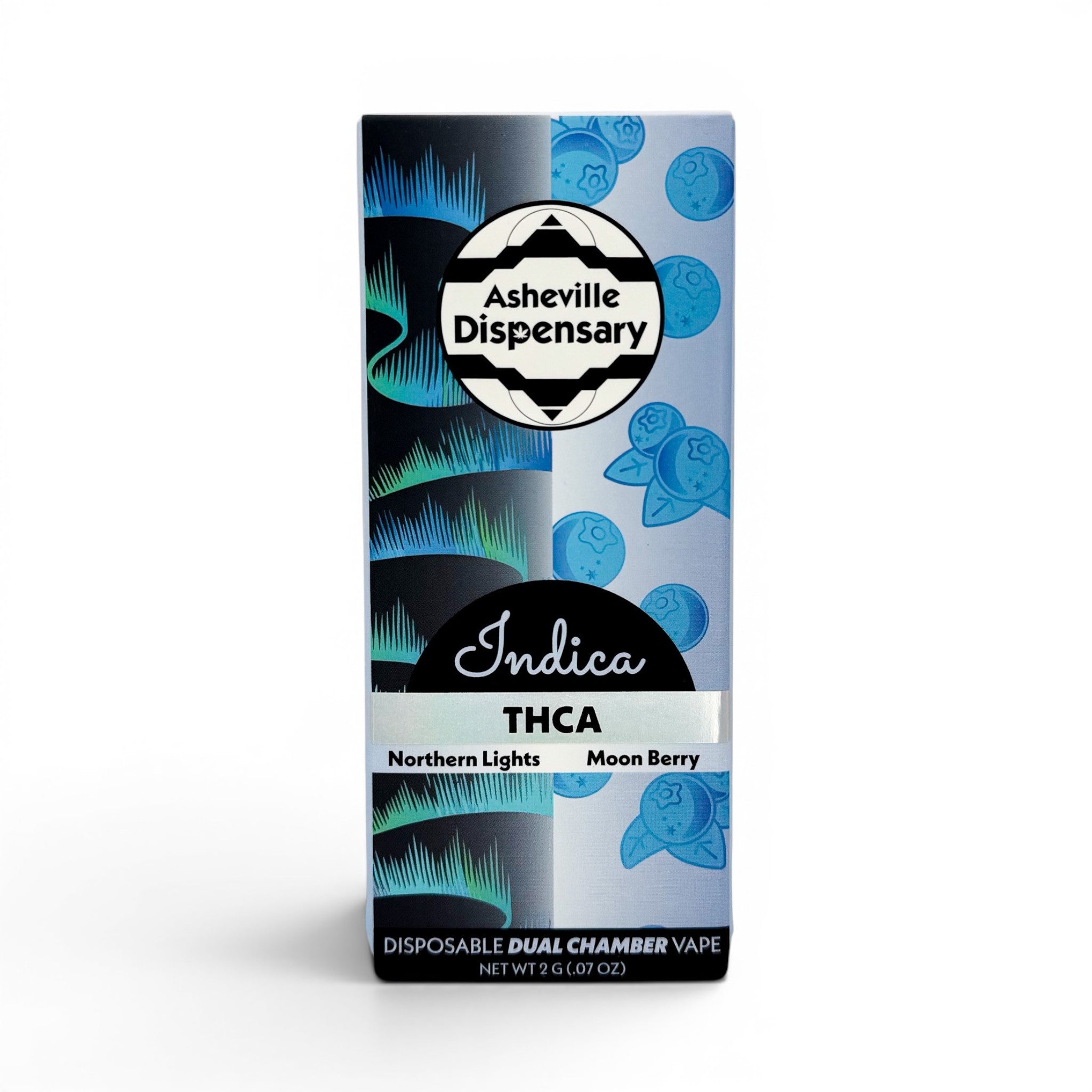 Dr. Wonderstone dual chamber THCa disposable vape box featuring Northern Lights and Moon Berry Indica strains.