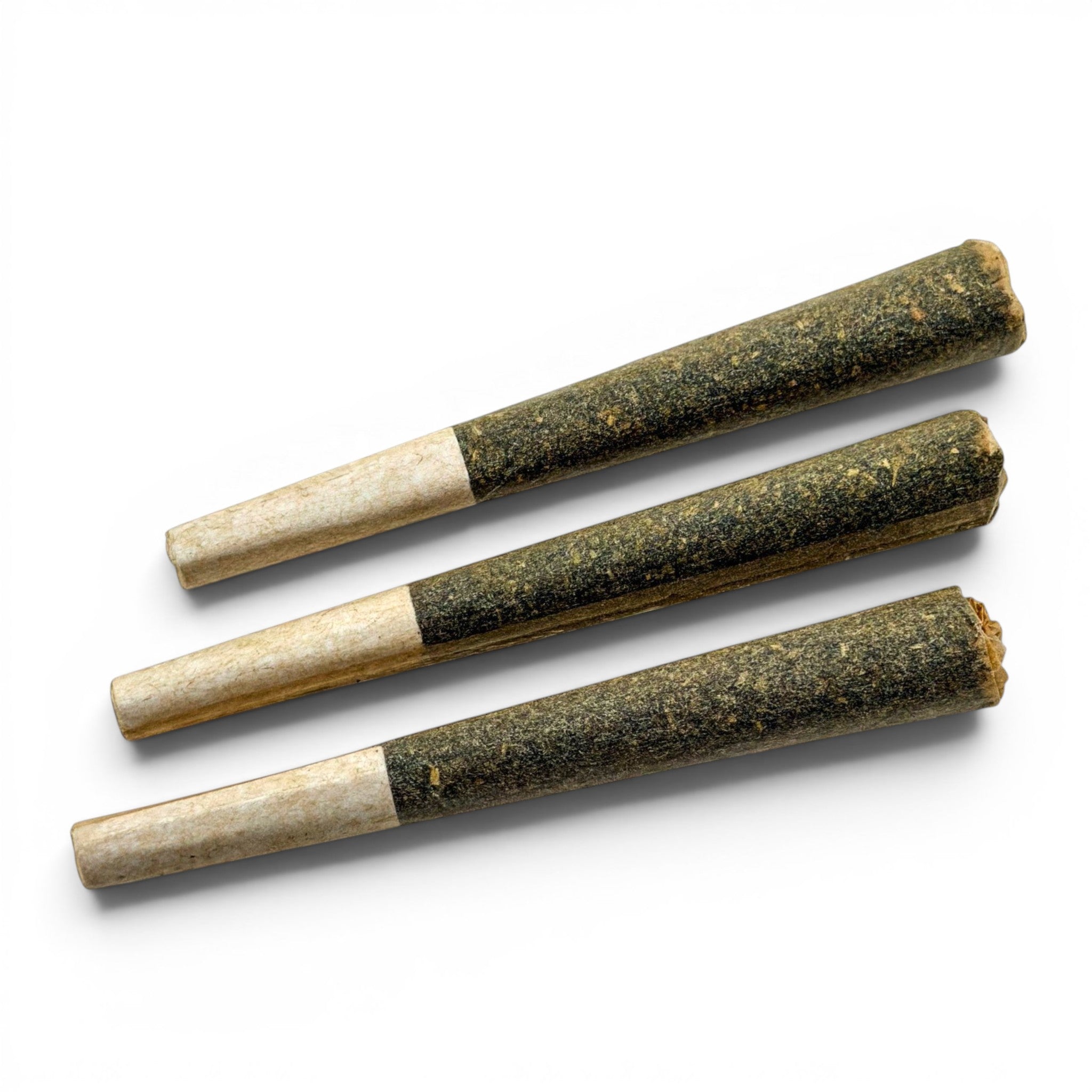 Three Dr. Wonderstone THCa flower pre-rolls with white paper filters on a clean white background.