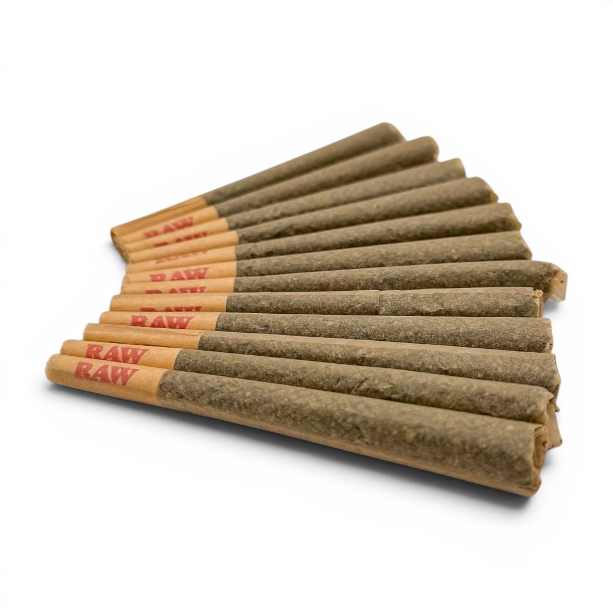 Dr. Wonderstone premium THCa hash hole pre-roll joints with RAW paper tips arranged in a fan shape on white background.