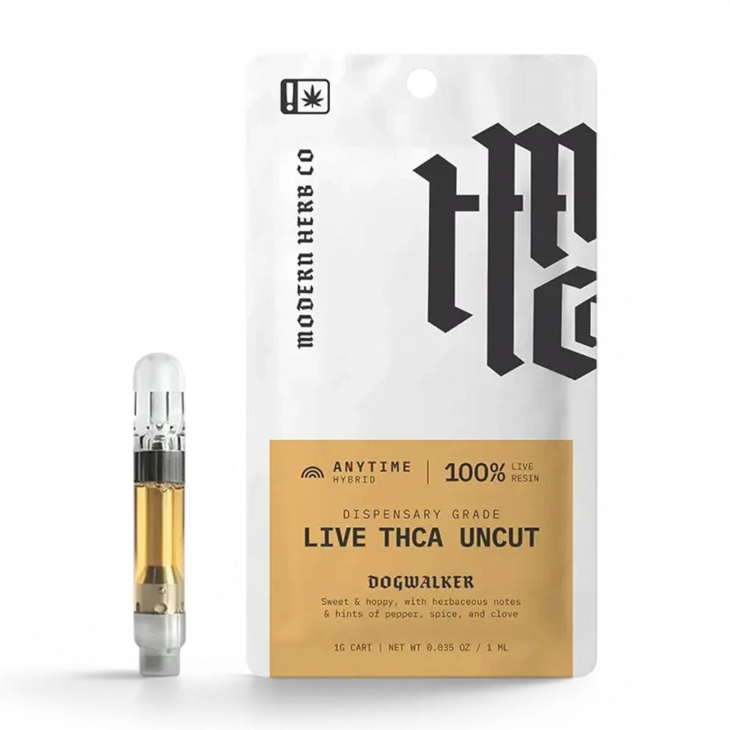 Dr. Wonderstone Modern Herb THCa Live Resin Dogwalker hybrid vape cartridge and its white branded packaging.