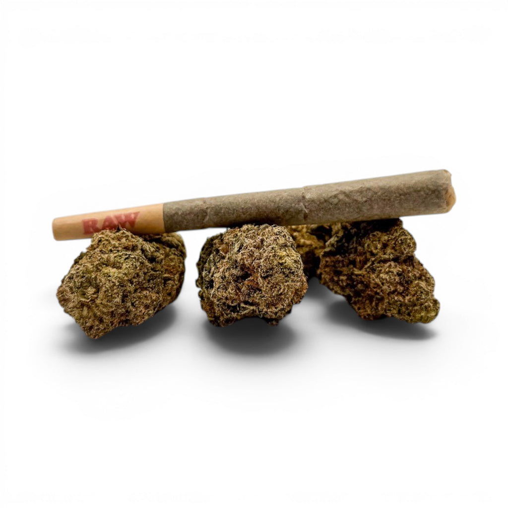 Dr. Wonderstone premium THCa pre-roll resting on top of three high-quality cannabis flower buds against a white background