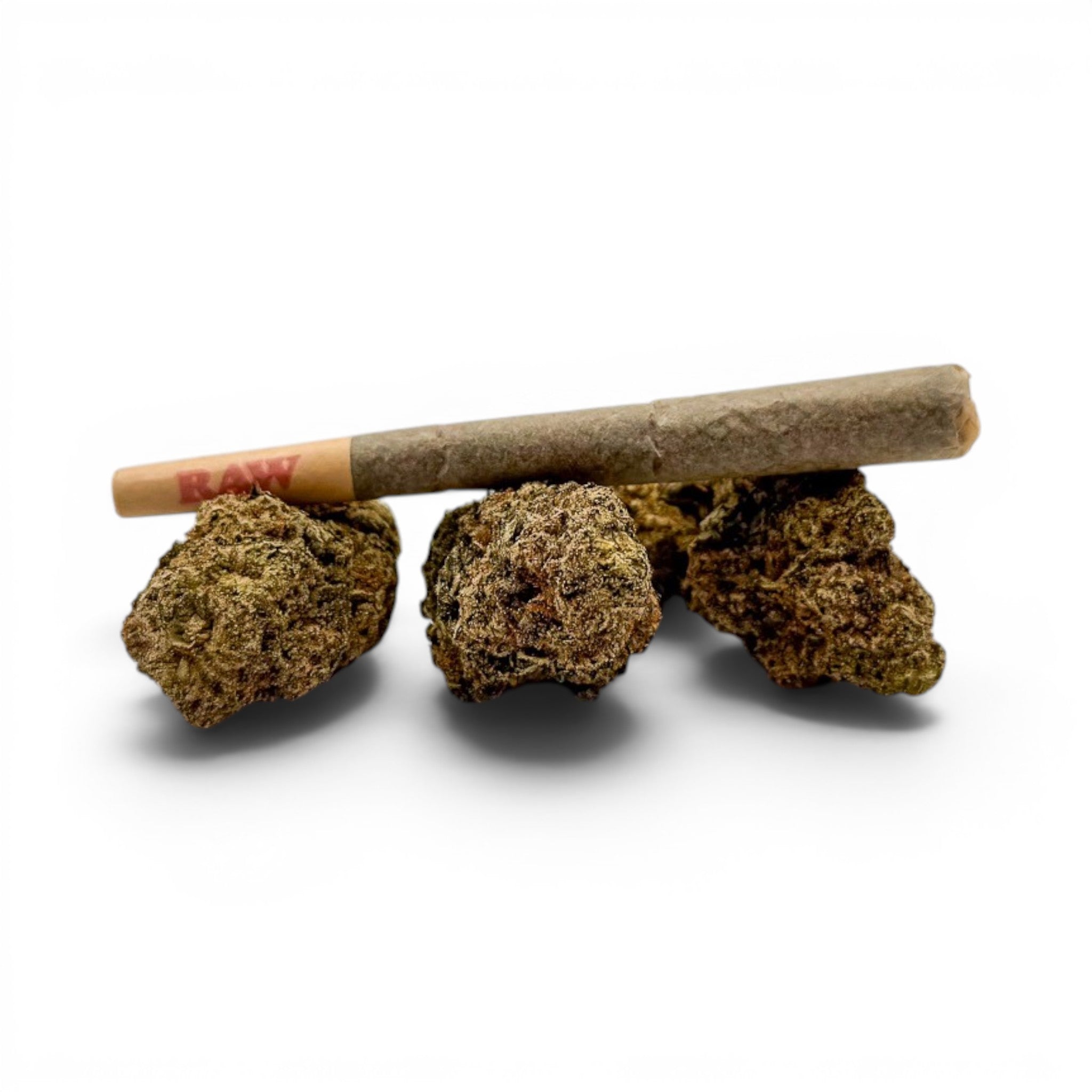Dr. Wonderstone premium THCa pre-roll resting on top of three high-quality cannabis flower buds against a white background