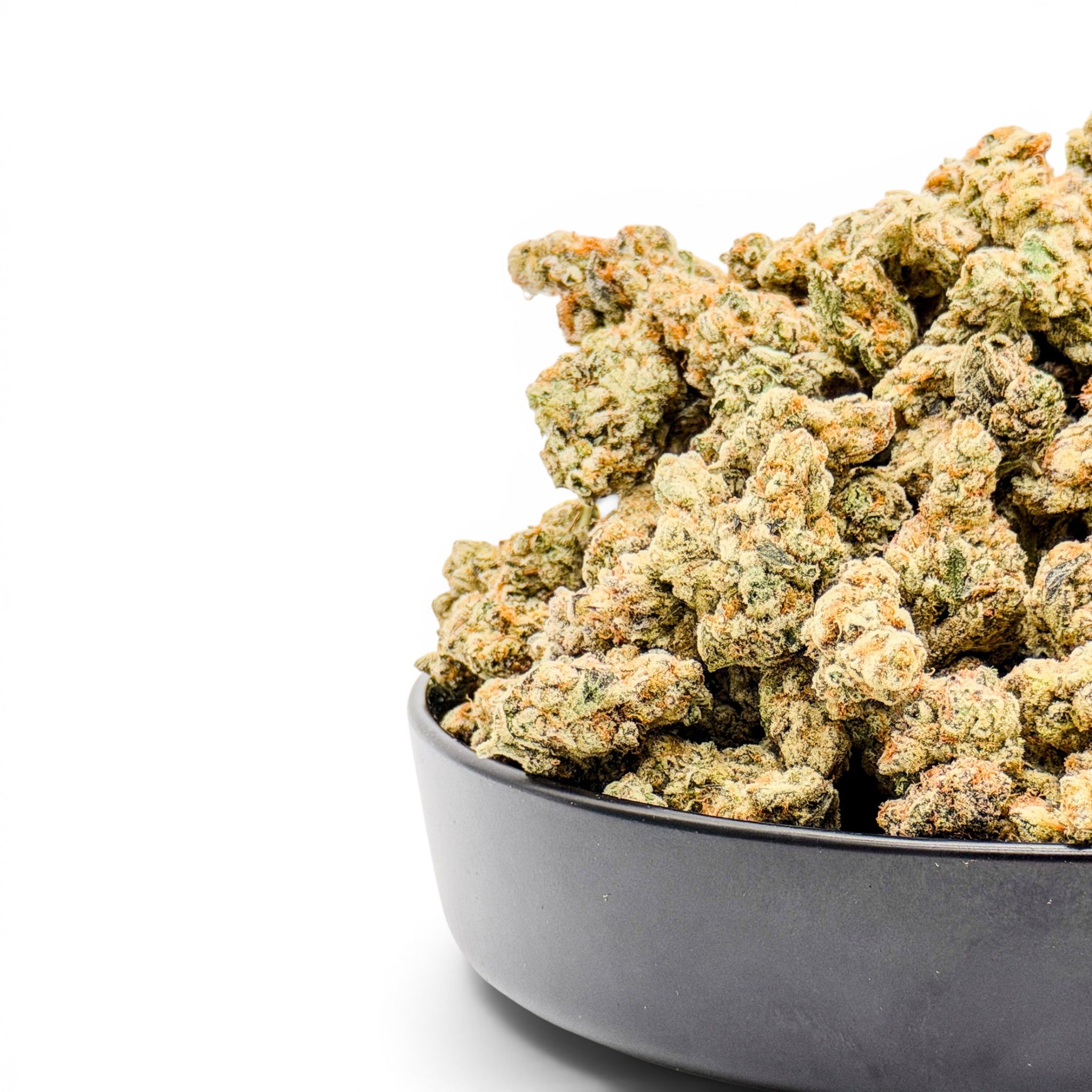 Dr. Wonderstone Toffee Headz premium THCa flower buds with orange pistils in a black bowl on white background