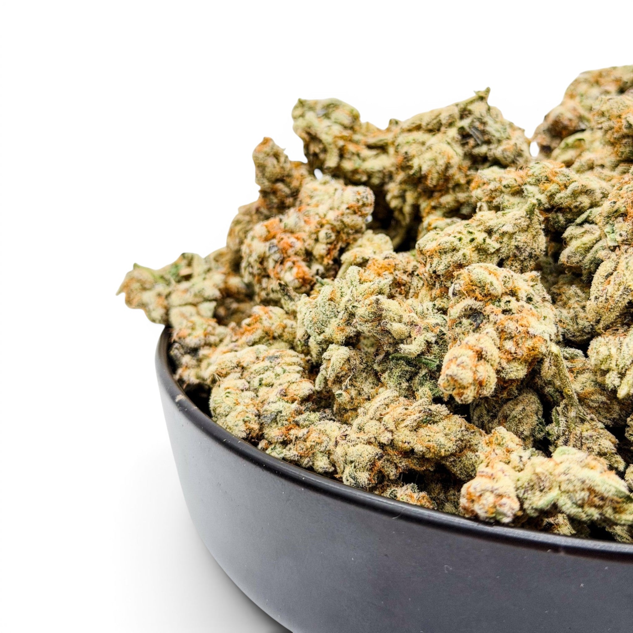 Dr. Wonderstone Toffee Headz premium THCa flower buds with frosty trichomes and orange pistils in a black bowl.
