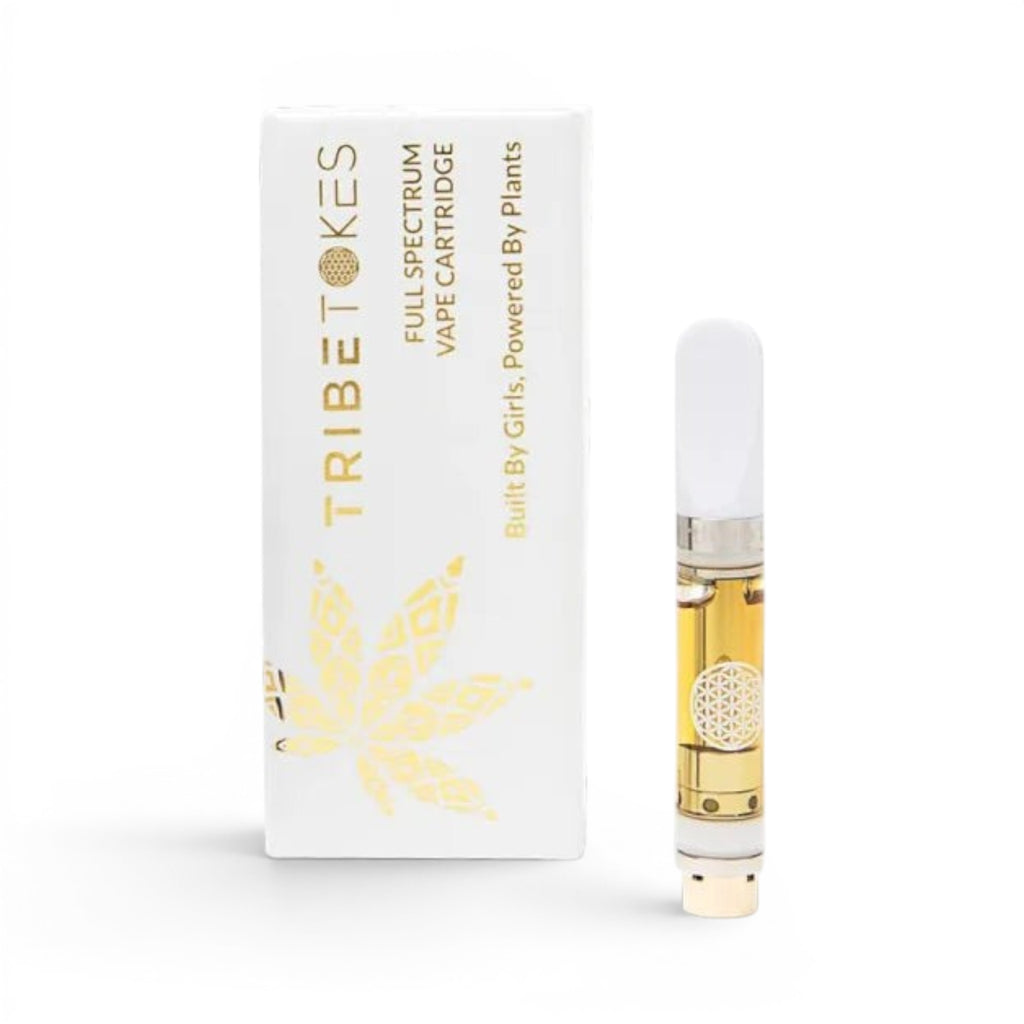 Dr. Wonderstone TribeTokes 1g live resin THCa vape cartridge with white mouthpiece next to its branded packaging.