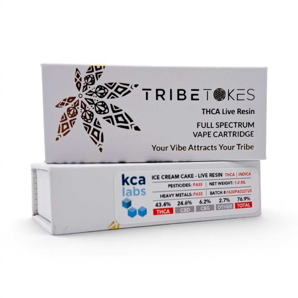 Dr. Wonderstone TribeTokes 1g THCa live resin vape cartridge box with KCA Labs testing label and cannabis leaf logo.