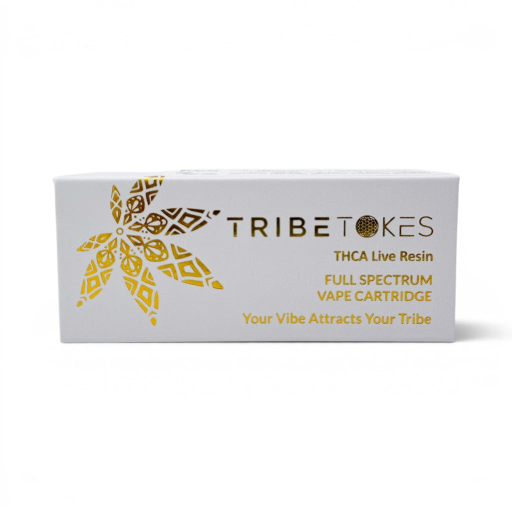 Dr. Wonderstone TribeTokes 1g THCa live resin vape cartridge box with gold cannabis leaf logo on white packaging.