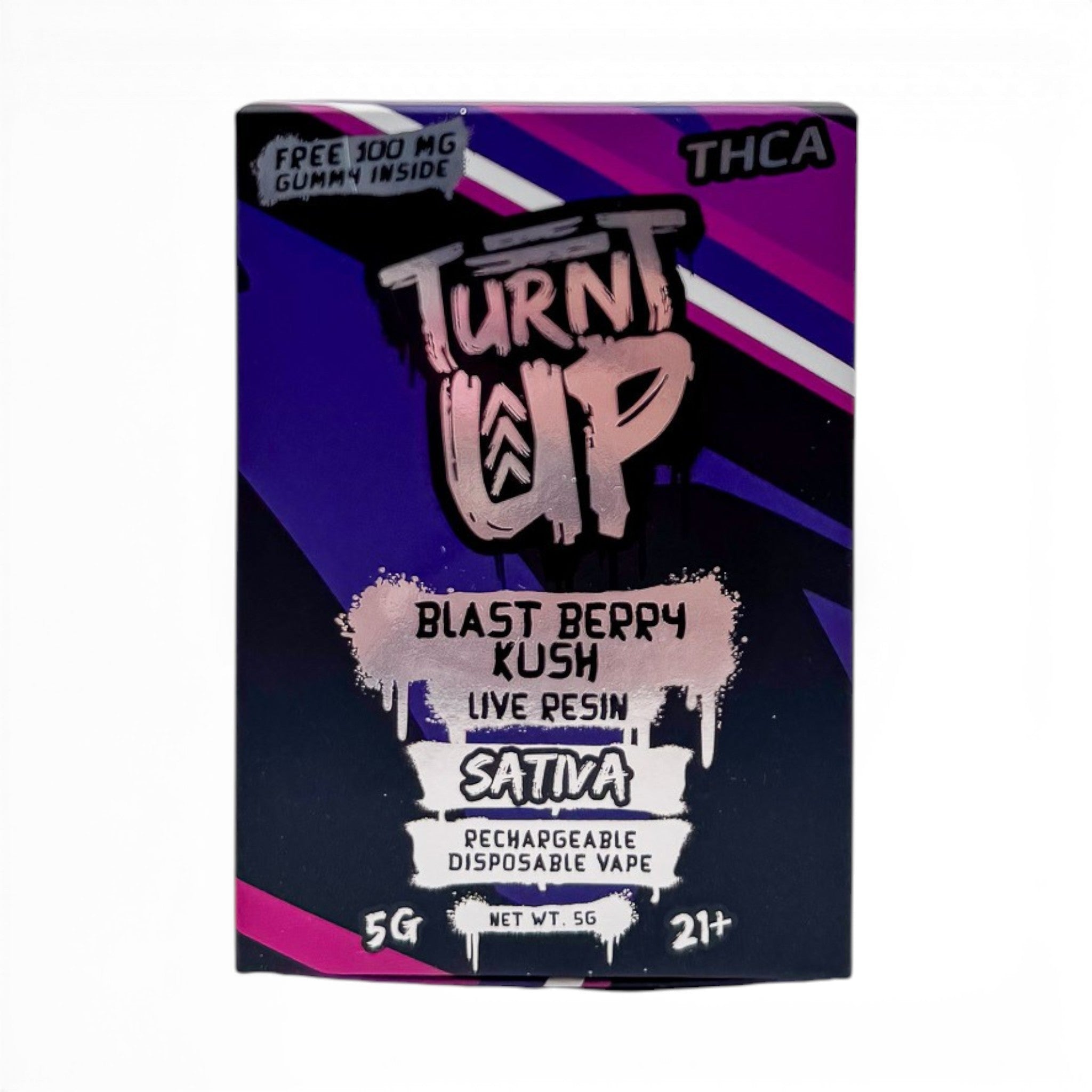 Dr. Wonderstone Turnt Up 5g Blast Berry Kush THCA live resin disposable vape packaging in purple and black