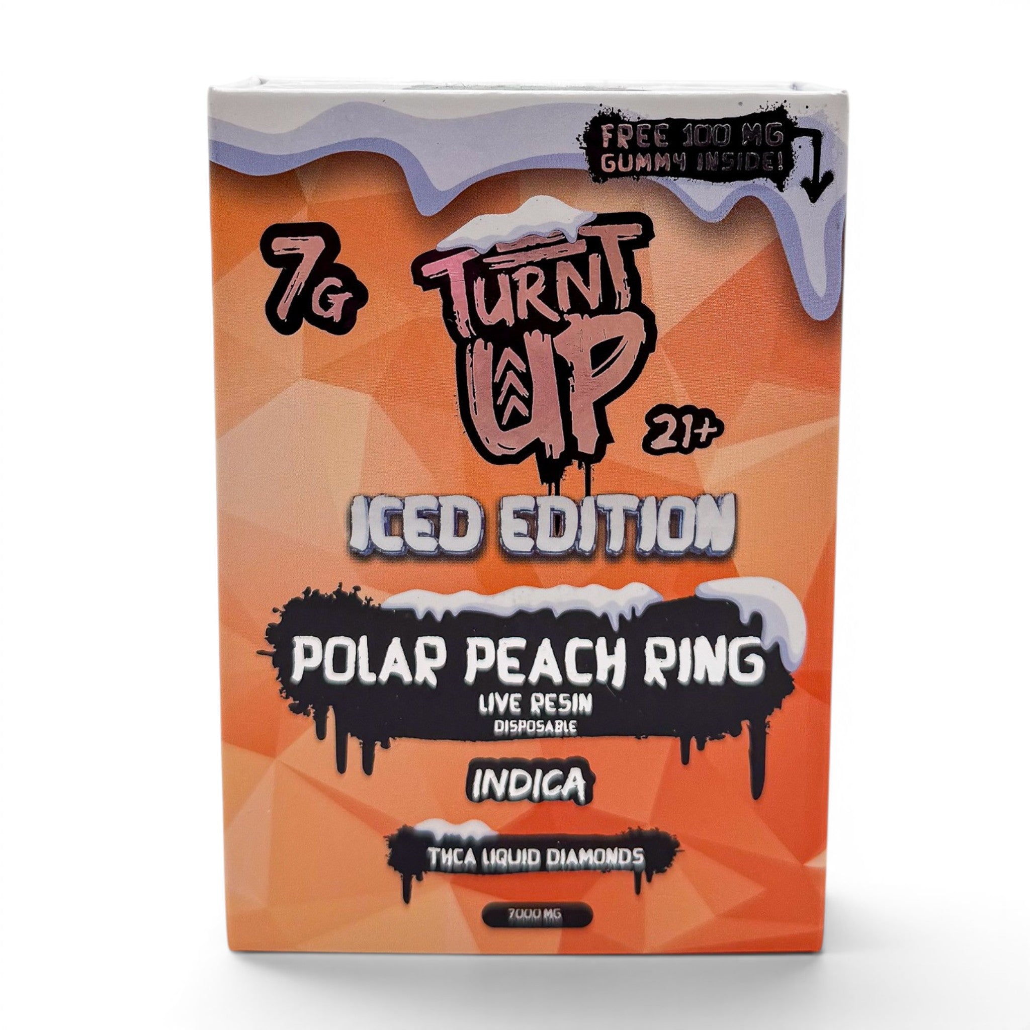 Dr. Wonderstone Turnt Up Iced Edition Polar Peach Ring 7g THCA live resin disposable vape box with free gummy included.