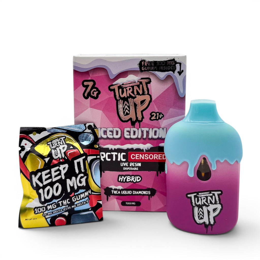 Dr. Wonderstone Turnt Up Iced Edition 7g THCa disposable vape in pink and blue with a bonus 100mg THC gummy pack.